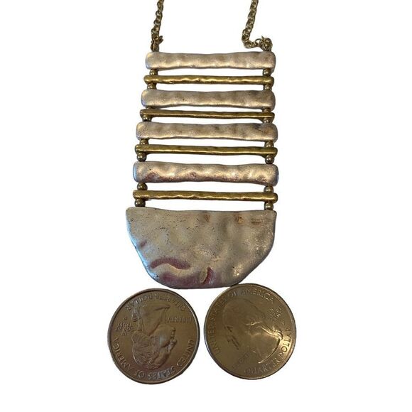 Hammered Silver & Gold Toned Drop Pendant Necklace on extra long chain. - Picture 7 of 8